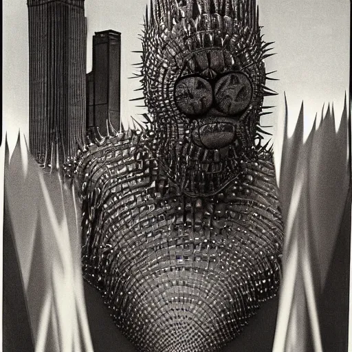 Prompt: A beautiful experimental art of a large, monster looming over a cityscape. The monster has several eyes and mouths, and its body is covered in spikes. It seems to be coming towards the viewer, who is looking up at it in fear. icy by Richard Hamilton, by Ruth Bernhard rich details