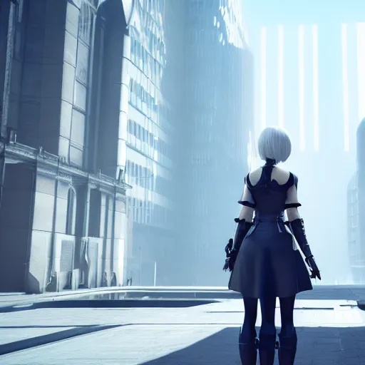 Image similar to 2B nier automata standing in front of a large building, detailed, artstation, concept art, Unreal Engine 5 render, 8K