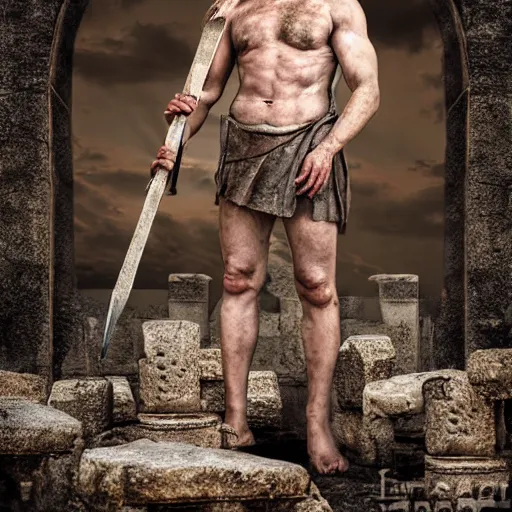 Image similar to portrait of Achilles holding a spear, standing in ruins, fallen columns, highly detailed face, photo realistic, facial features, tom chambers photography