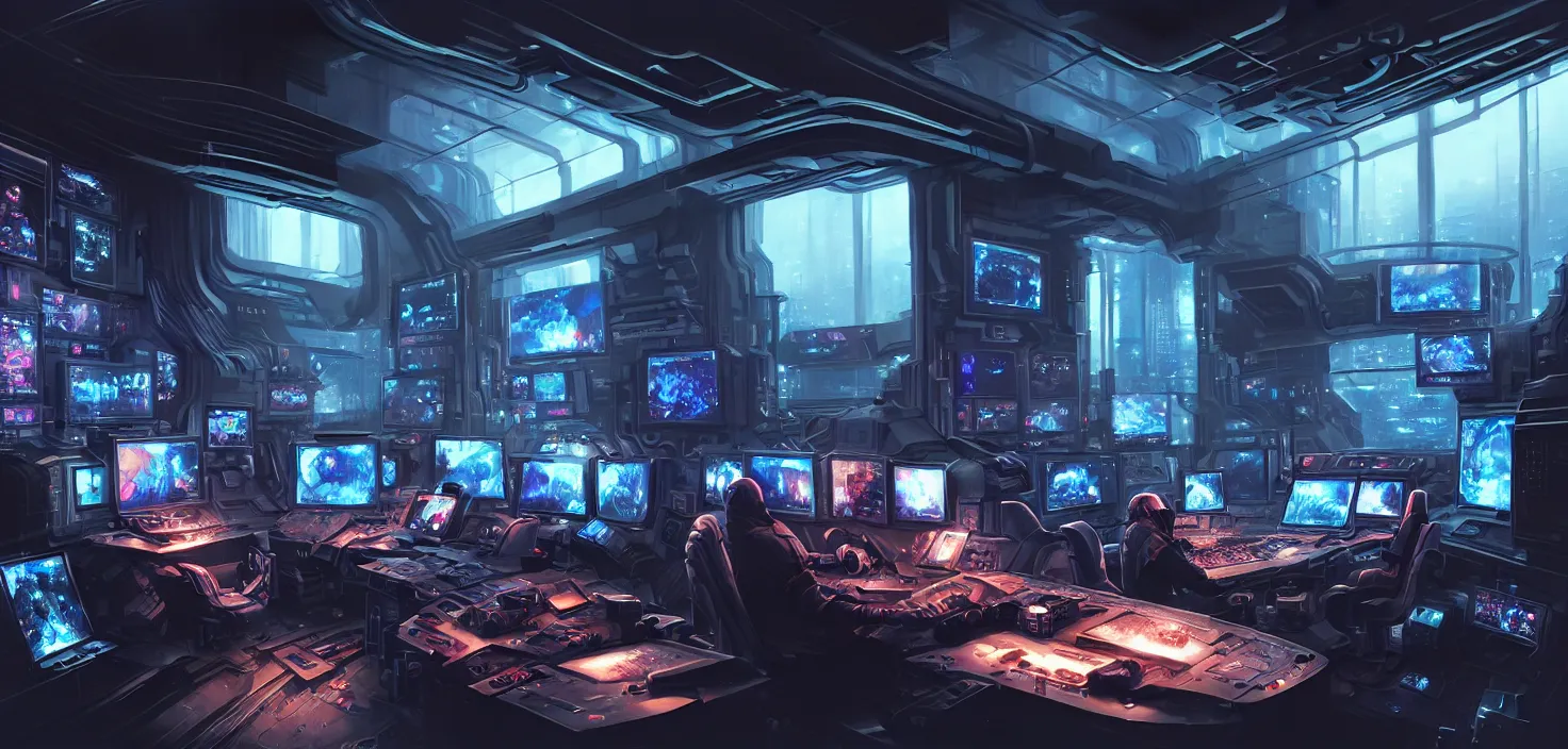 Image similar to a hyper detailed octane render concept art by xision wu, kerem beyit, sandara tang portrait of cyberpunk panel control spaceship room, dim lighting, detailed portraits, unreal engine 5, highly rendered, digital painting, hyper realistic, photo realistic, artstation, concept art, smooth, sharp focus perfect horizontal, symmetry illustration, detailed and intricate environment artstation hq