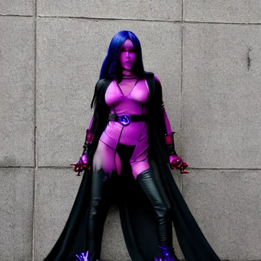 Image similar to a cosplayer dress as Psylocke, dark eerie photo, evil things