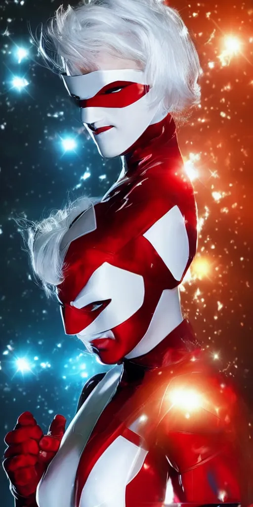 Image similar to a beautiful superhero with short white hair and a bright red mask in the style of dc comics