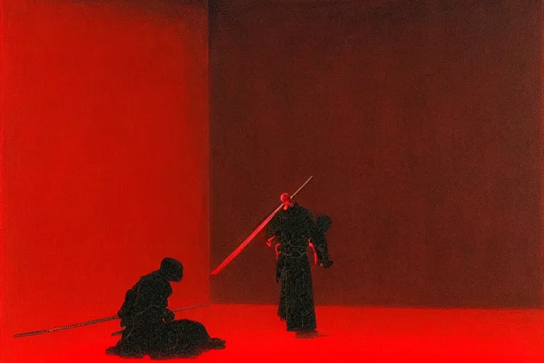 Image similar to only with red, a red samurai harakiri, tokio, a lot of frogs watch, in the style of beksinski, parts by edward hopper, parts by rodcenko, parts by yue minjun, intricate and epic composition, red by caravaggio, insanely quality, highly detailed, masterpiece, red light, artstation, 4 k