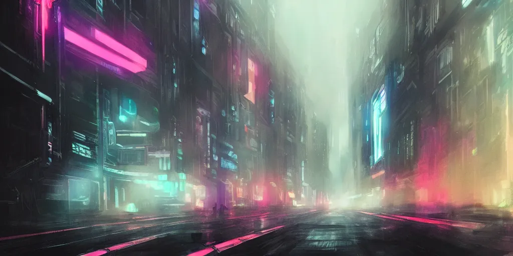 Image similar to warp speed concept art blade runner 2049 tron neon night alleyway diffusion clouds mist New York cityscape helium 44-2 watercolor artstation digital art 8k