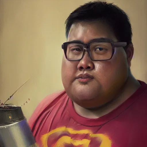 Prompt: hyper realistic, portrait of filipino dwight shrute, extremely obese painted by greg rutkowski, wlop, loish,