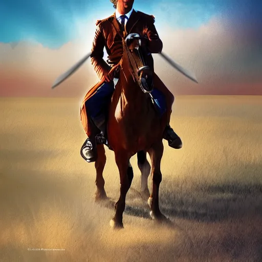 Image similar to saul goodman riding a horse while holding a sword, digital art, high rated, realistic