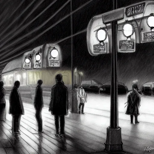 Prompt: a some people waiting in a lone bus stop in quiet dark city night, high quality, high resolution,detailed, by artgerm