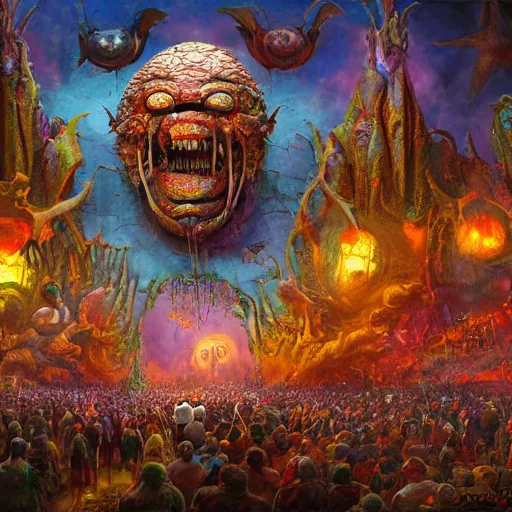 Prompt: assembled crowds worship a terrifying new god emerging from the sky, on ancient post - apocalyptic planet, jim henson creature shop, vivid and colorful, thomas kincaid, cinematic, oil painting, highly detailed, illustration