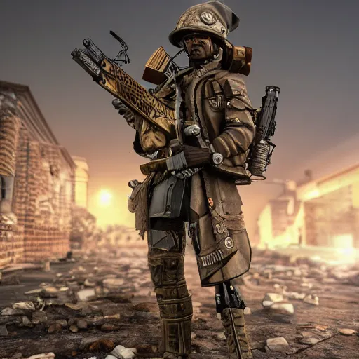 Prompt: 3d render of a detailed steampunk soldier with full-head helmet carrying an energy rifle in his arms, standing in front of a dilapidated advanced city, 4k, Unreal Engine, octane render