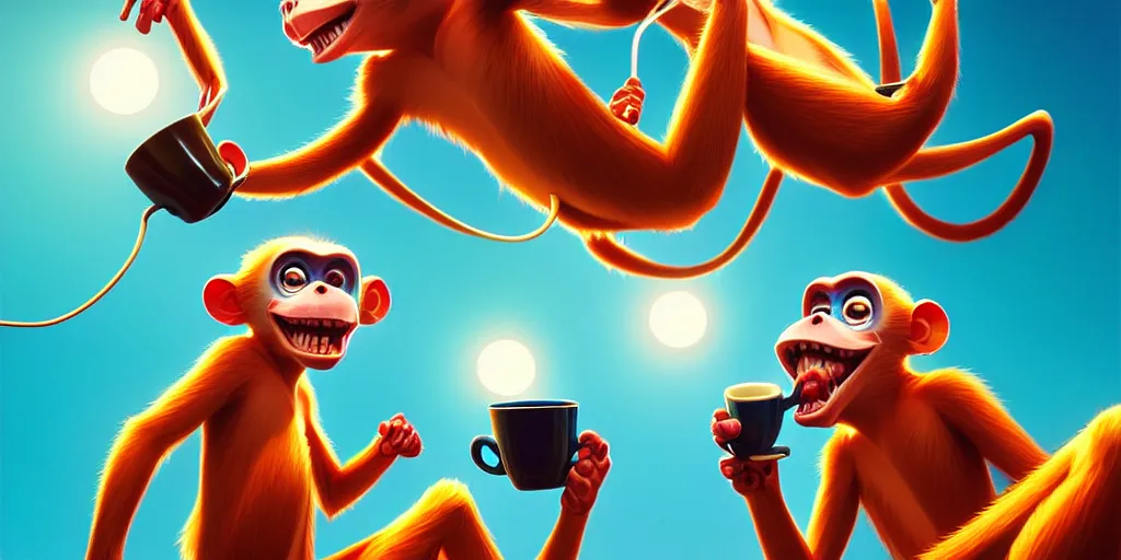 Prompt: hyper detailed ultra sharp of cartoon monkeys drinking coffee. behance hd by jesper ejsing, by rhads, makoto shinkai and lois van baarle, ilya kuvshinov, rossdraws radiating a glowing aura global illumination ray tracing hdr, 8 k