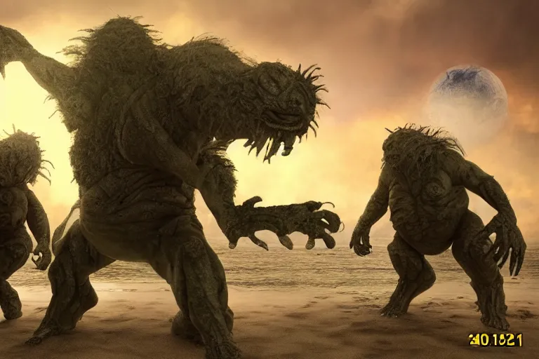 Prompt: photo, friends, man two old hairy fat ugly men! fighting alien monsters 4 0 1 2 9 on a beach, highly detailed, scary, intricate details, volumetric lighting, front view