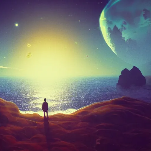 Image similar to a photo of a peaceful serene place, it's on an alien world. i am. looking at the ocean. the ocean seems to sparkle like diamonds. i can see a large blue planet floating in the horizon. first person perspective. trending on artstation