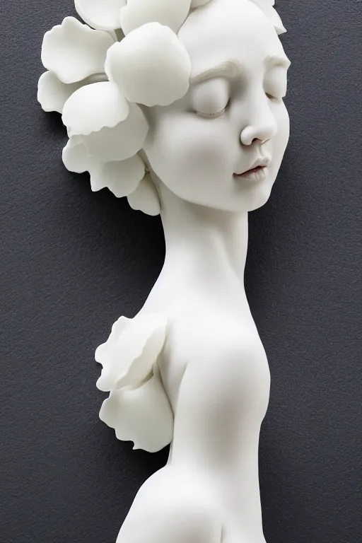 Prompt: full head and shoulders, beautiful female porcelain sculpture by daniel arsham and audrey kawasaki, smooth, all white features on a white background, delicate facial features, white eyes, white lashes, detailed white 3 d giant poppies on the head