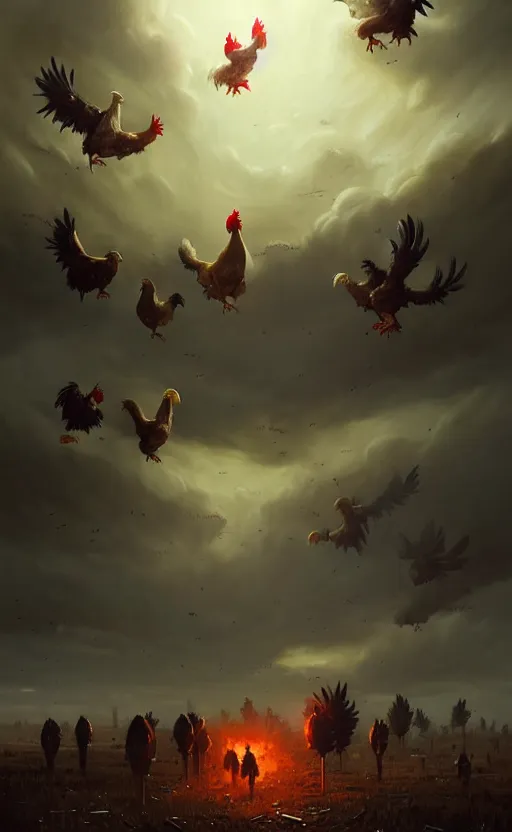 Prompt: chicken apocalypse, wide angle shot by greg rutkowski