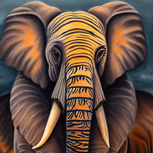 Prompt: hybrid animal elephant with tiger stripes detailed oil painting 4k