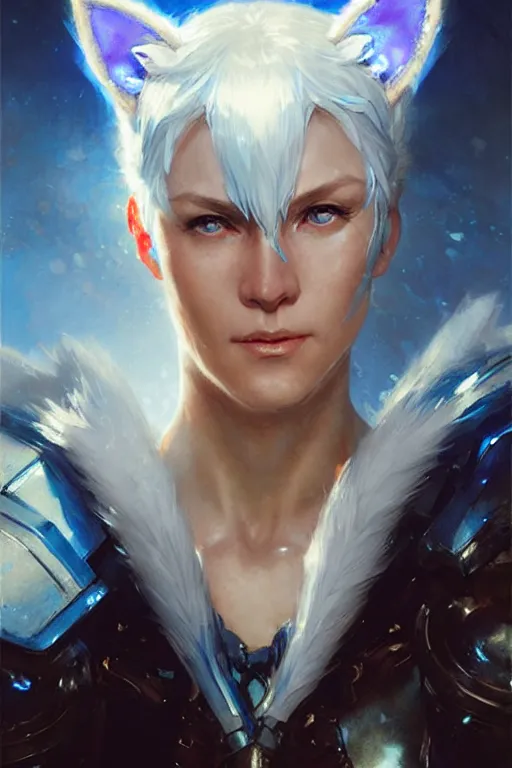 Prompt: woman with white hair, blue eyes and glowing cat ears in police armor portrait dnd, painting by gaston bussiere, craig mullins, greg rutkowski, yoji shinkawa