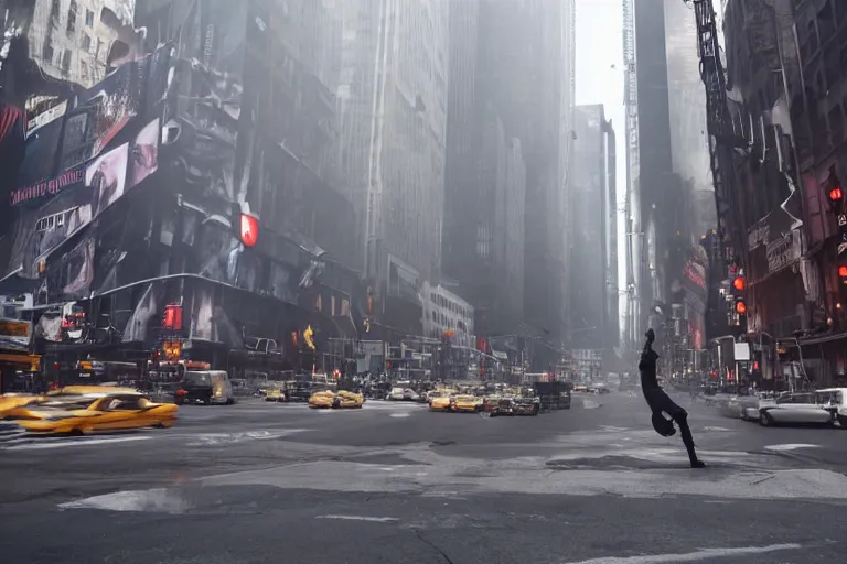 Image similar to VFX movie of a flying dark futuristic robot hero with 6 arms levitating on New York street, steam vent, by Emmanuel Lubezki