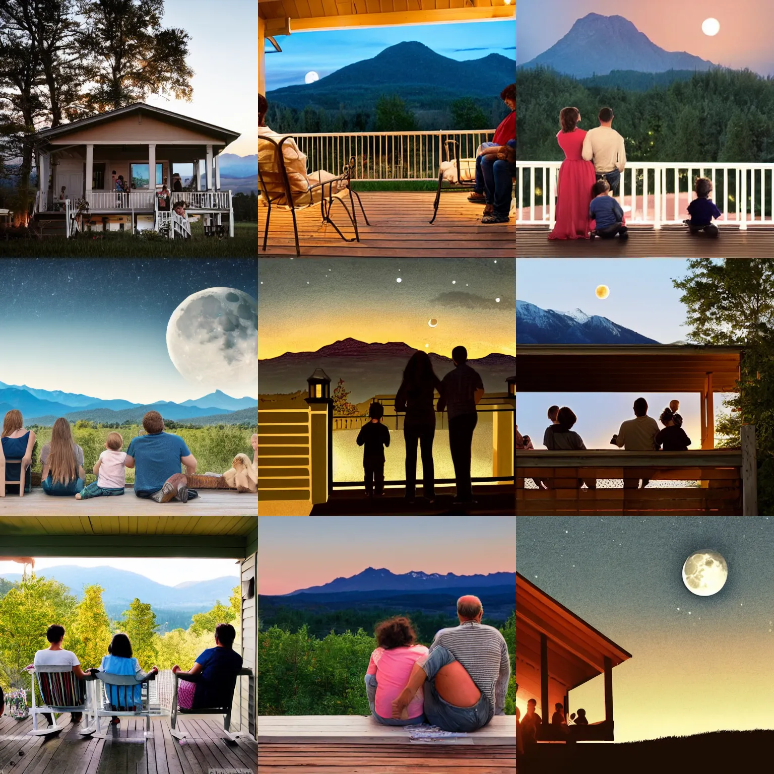 Prompt: A family on their front porch watching the moon crash into the distant mountains