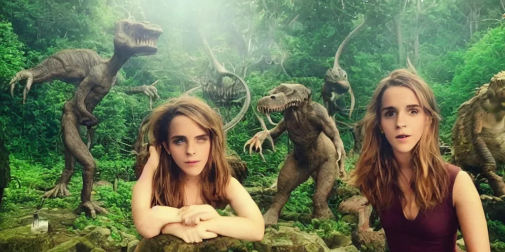 Image similar to photo, hairy fat cave people, emma!! watson!!, looking at camera, surrounded by dinosaurs!, gigantic forest trees, sitting on rocks, bright moon, birthday cake on the ground, front full body view, jelly! monster!