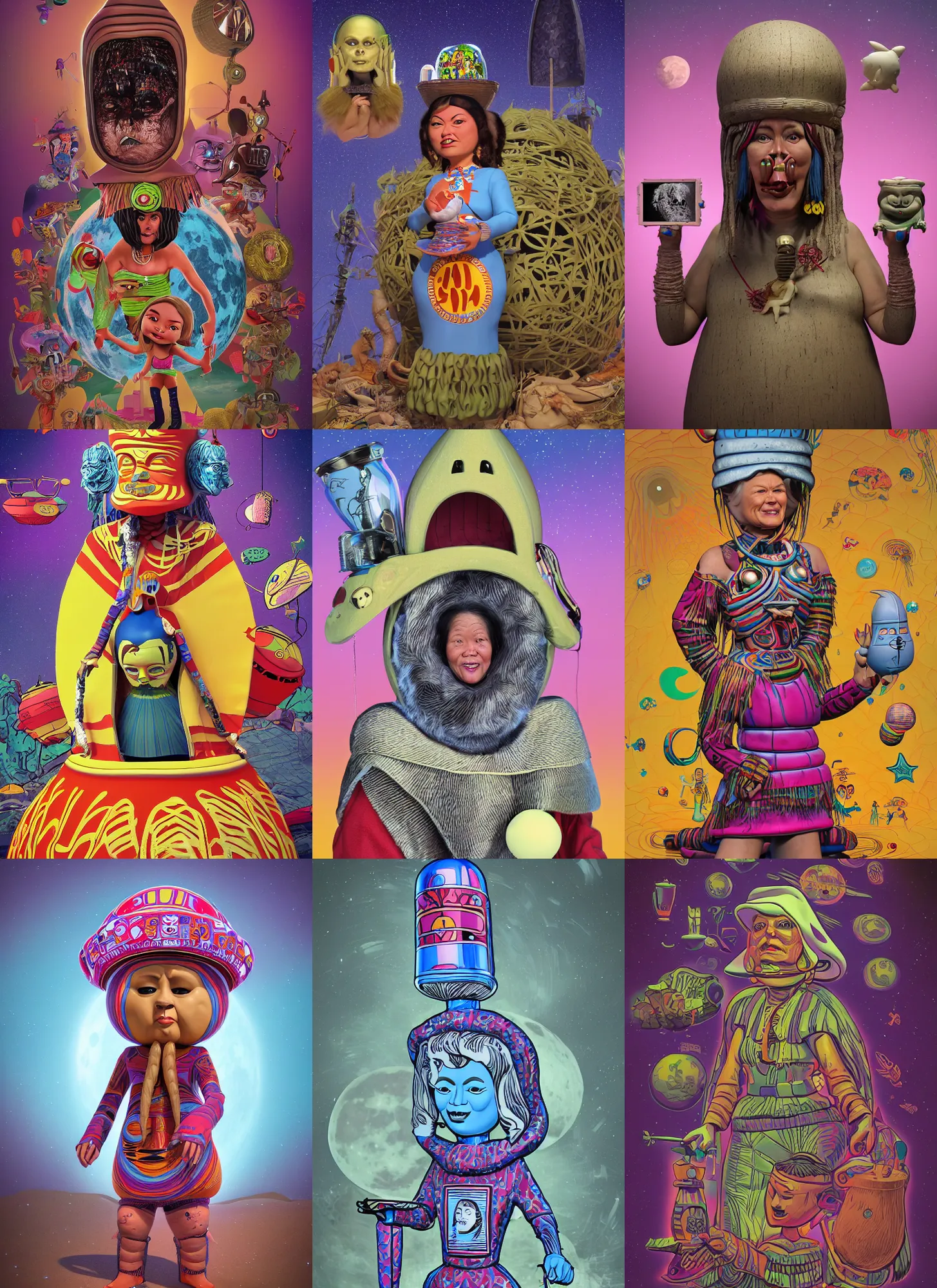 Prompt: a satirical diagram poster artwork by jim woodring, garbage pail kids style, of a futuristic woman selk'nam, in the moon, aboriginal capirote, plastic toy, dmt, irisdicense, 3 d, houdini algorithmic generative render, sharp focus, cinematic lighting, octane render 8 k