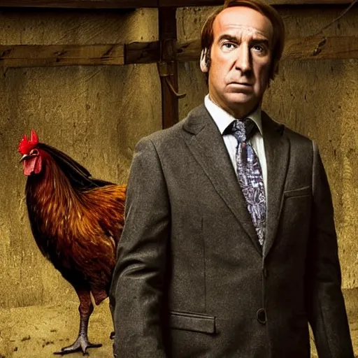 Image similar to saul goodman and a rooster in a medieval torture chamber, saw blades and knives in the background, horror movie, saul goodman, rooster, real life photo, detailed face