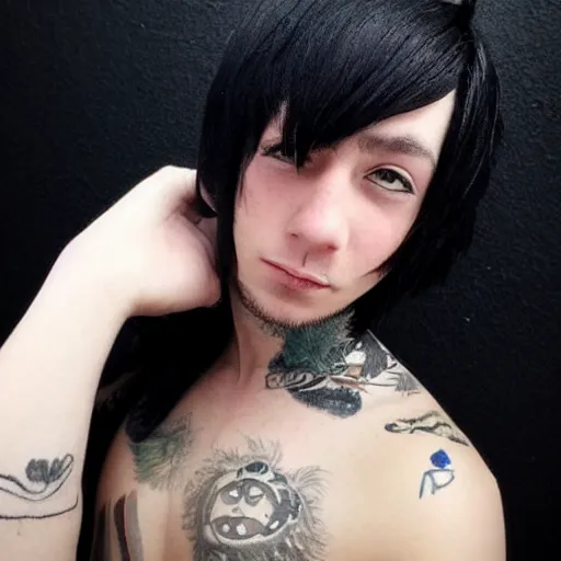 Image similar to anime style trans guy with black shaggy hair and piercings