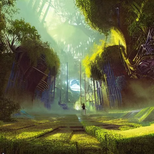 Image similar to stairs leading to a derelict portal in a middle of a lush futuristic forest, alien world seen through a portal, daylight, cinematic lighting, blue sky, syd mead, john harris