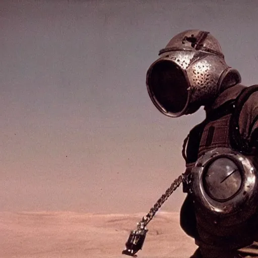 Image similar to a heavily armored man wearing a gasmask, in a surrealist landscape, film still, arriflex 3 5