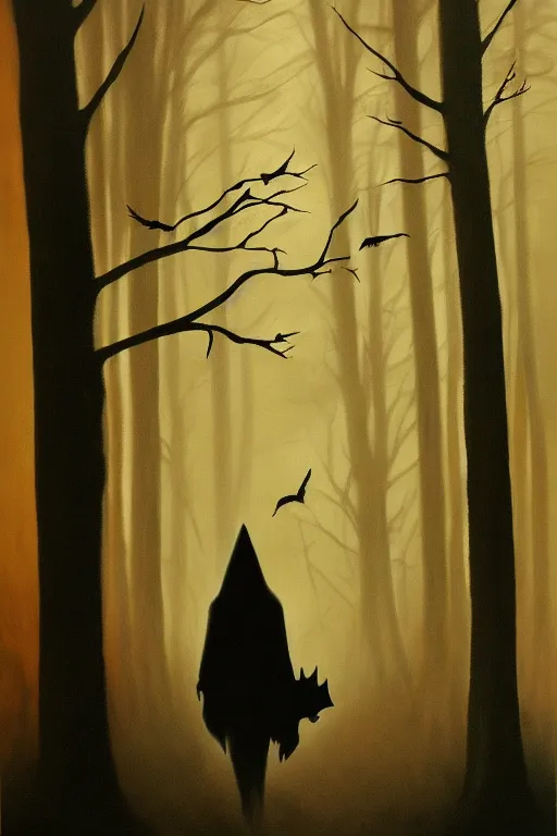 Image similar to dark and spooky woods featuring a menacing werewolf silhouette. atmospheric, foggy, oil painting on canvas. fairytale