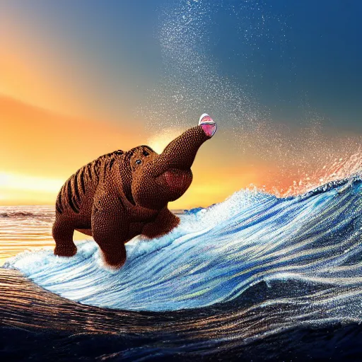 Image similar to a closeup photorealistic photograph of a cute smiling knitted tiger hippopotamus riding a wave at sunset. surf in background. professional capture. brightly lit scene. this 4 k hd image is trending on artstation, featured on behance, well - rendered, extra crisp, features intricate detail, epic composition and the style of unreal engine.