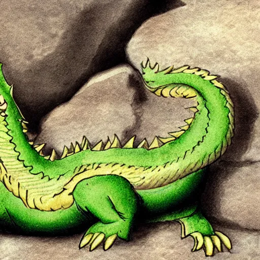 Image similar to an illustration of a western style green dragon sleeping on a rock