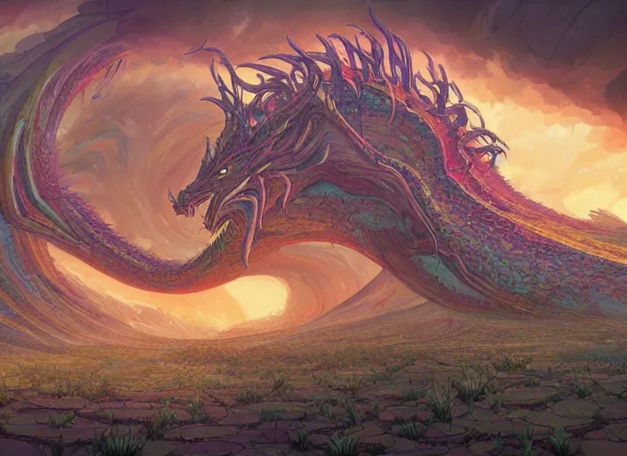 Image similar to psychedelic concept art of a dragon landscape made of thousands of spiraling dragons, cel shaded, in the style of makoto shinkai and moebius and peter mohrbacher and anton fadeev