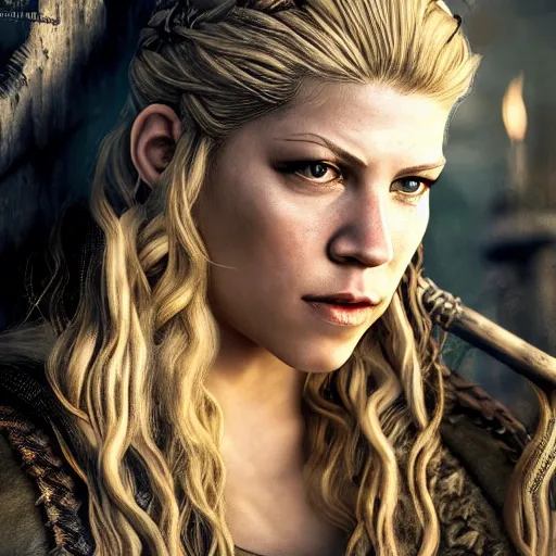 Image similar to portrait art of katheryn winnick, lagertha, vikings, 8 k ultra realistic, lens flare, atmosphere, glow, detailed, intricate, full of colour, cinematic lighting, trending on artstation, 4 k, hyperrealistic, focused, extreme details, unreal engine 5, cinematic, masterpiece