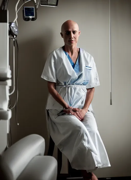 Image similar to medium shot, photo of a beautiful bald 4 0 year old woman hospital patient sitting in a hospital room, wearing a hospital gown, with an iv drip, hopeful. studio lighting, 3 5 mm, marketing photo by charlie waite, max rive, caroline foster.