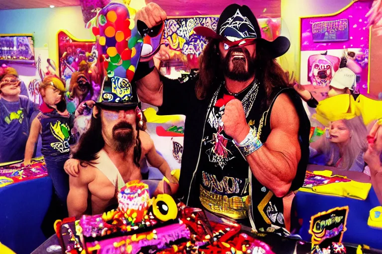 Image similar to macho man randy savage iwgp heavyweight champion at a birthday party at chuck e cheese, mid 9 0 s, gritty, ethereal details, cinematic lighting, hyper - detailed, maximalist, artstation, 8 k