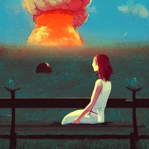 Prompt: girl sitting on a park bench, nuclear explosion in the background, nuclear mushroom cloud, by conrad roset, by greg rutkowski, digital art