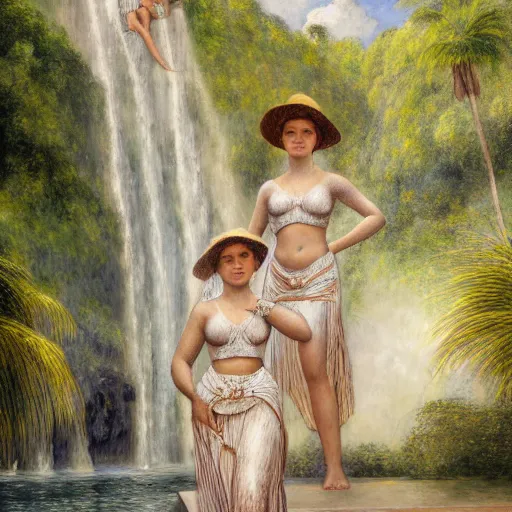 Image similar to a ultradetailed beautiful painting of three beautiful and physically attractive women standing in front of the diamonds waterfall in the amazonas palace balustrade designed by jules bastien - lepage, tarsila do amaral, frank weston and gustave baumann, beach, trending on artstation, mediterranean, palm trees, sharp focus, soft light, 8 k 4 k