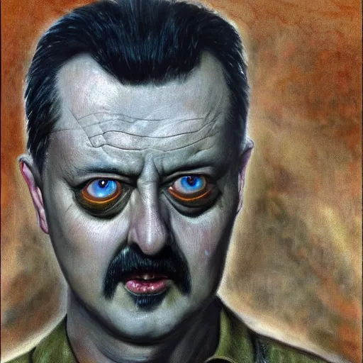 Image similar to Portrait by H.R.Giger of Igor Ivanovich Strelkov who became a degenerate horror Abomination, photo-realistic, color image, 2K, highly detailed