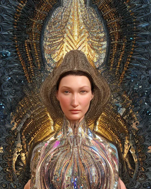 Image similar to a highly detailed metahuman 4 k close up render of a bella hadid as dmt monument renaissance in iris van herpen dress schiaparelli in diamonds crystals swarovski and jewelry iridescent in style of alphonse mucha gustav klimt trending on artstation made in unreal engine 4