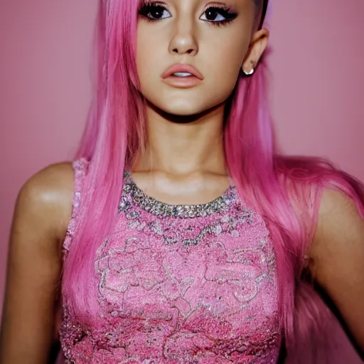 Image similar to photo of a beautiful ariana grande with pink hair in pink clothes, medium shot, intricate, elegant, highly detailed