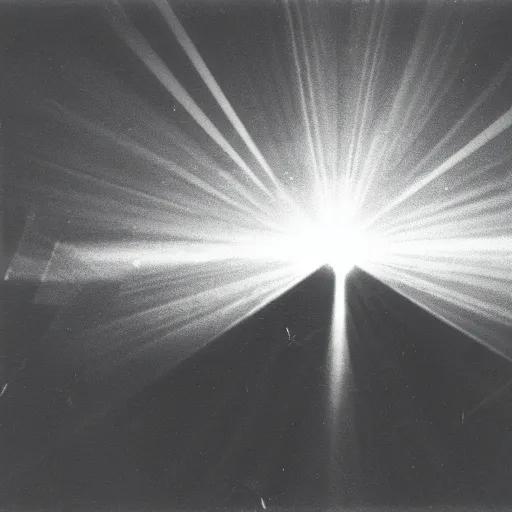 Prompt: classified photograph of triangular silhouette of spacecraft projecting beams of intense light onto landed bomber jets, film grain, specular highlights, 3 5 mm lens, government archive photograph