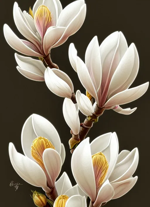 Image similar to perfectly detailed magnolia flowers!! blessed by nature with ever - increasing physical mental perfection, symmetrical! intricate, sensual features, highly detailed, biblical divine holy perfection!! digital painting, artstation, concept art, smooth, sharp focus, illustration, art by artgerm and greg rutkowski and alphonse mucha