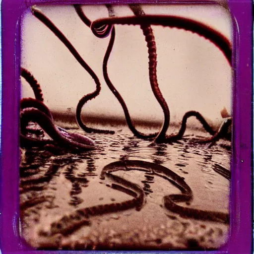 Prompt: close up eldritch purple tentacles and tendrils coming out of a puddle in a typical uk town. horror. sinister. polaroid