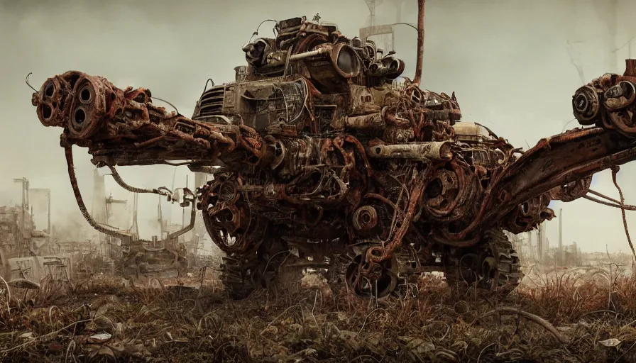 Image similar to Techno-biological rusty М50 Ontos consisting of tumors, meat, veins, bones, guts, kidneys, wires. Biopunk, body-horror, high detail, photorealism, full length view, very rust, concept art, octane render, 16k, 8k