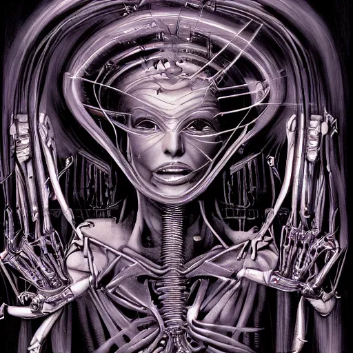 Prompt: britney spears biomechanic, complex scene, heavy in detail, corruption, smooth, sharp focus, illustration, art by h. r. giger