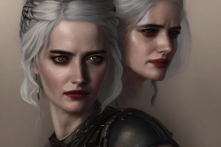 Prompt: A portrait of Eva Green as Ciri from the Witcher Game by Ruan Jia and Mandy Jurgens and Artgerm and william-adolphe bouguerea, highly detailed, trending on artstation, award winning, H 768