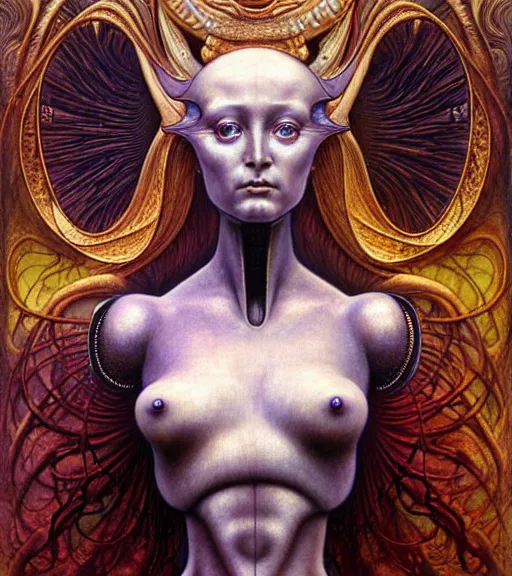 Prompt: detailed realistic beautiful young cher alien robot as queen of mars portrait by jean delville, gustave dore and marco mazzoni, art nouveau, symbolist, visionary, fractal, baroque. horizontal symmetry by zdzisław beksinski, iris van herpen, raymond swanland and alphonse mucha. highly detailed, hyper - real, beautiful