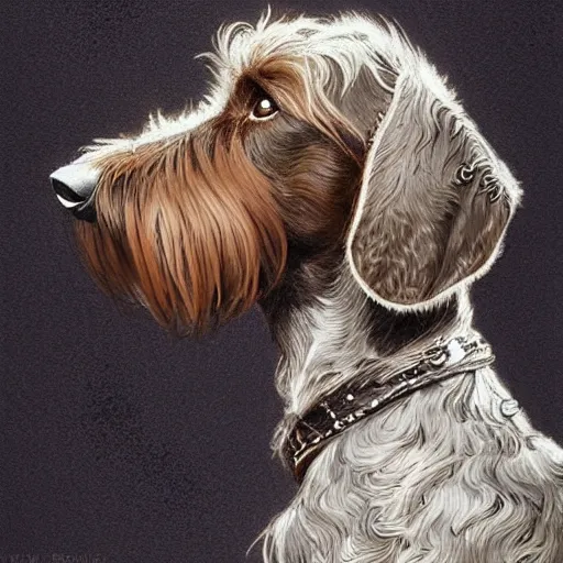 Image similar to portrait of a rugged wirehaired dachshung, salt and pepper hair, soft hair, d & d, muscular, fantasy, intricate, elegant, highly detailed, digital painting, artstation, concept art, smooth, sharp focus, illustration, art by artgerm and greg rutkowski and alphonse mucha