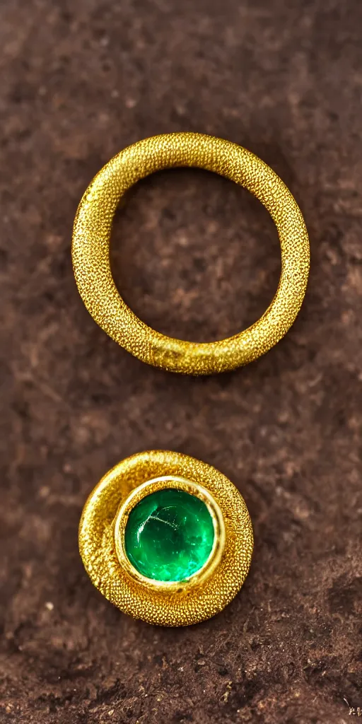 Prompt: a golden ring which is shaped in the form of an ouroboros with emerald jewels as eyes, Nikon D810, ƒ/5.6, focal length: 60.0 mm, ISO: 200