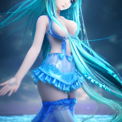 Prompt: Octane Render 16K , advanced digital anime art, a very cute and gorgeous nymph wearing a dress made of water , full body, very long wavy azure blue hair, braided hair, white highlights in hair, azure blue watery eyes, full round face, japanese beautiful cute young J-Pop idol actress girl face, cinematic lighting, mid-shot, highly intricately detailed, trending on pixiv, Artstation, DeviantArt, NicoVideo, Steven Artgerm Lau, WLOP, RossDraws, RuanJia, James Jean, Andrei Riabovitchev, Totorrl, Marc Simonetti, Visual Key, ufotable, and Sakimichan